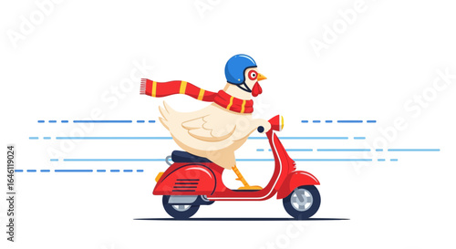 Humorous illustration of a chicken wearing a helmet and scarf riding a scooter, emphasizing speed and cartoonish design