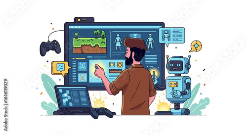 Game developer creating game with ai assistance and interface design integration modern technology and software development