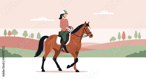 Equestrian scene featuring a woman riding a horse through a serene landscape illustration
