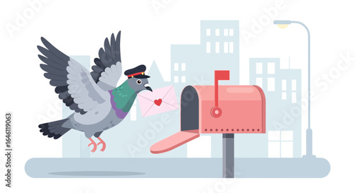 Humorous Illustration of a Pigeon Postman Delivering a Love Letter to a Mailbox