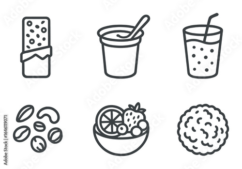 Delicious snack and drink icons: chocolate, yogurt, juice, nuts, fruits, rice