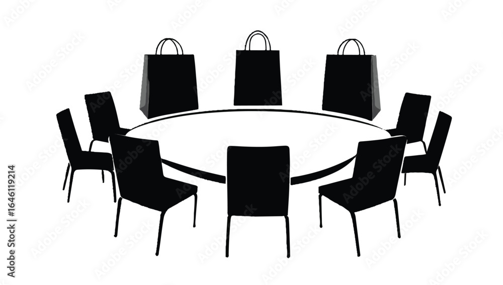 Fototapeta premium Round Table with Chairs and Shopping Bags Depicting Post Conference Shopping Spree or Exclusive Deal Discussion with Gift Giving