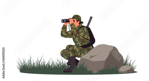 Hunter observing with binoculars in camouflage in the field near rocks and grass vector illustration scouting for hunting activities