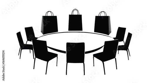 Round Table with Chairs and Shopping Bags Depicting Post Conference Shopping Spree or Exclusive Deal Discussion with Gift Giving