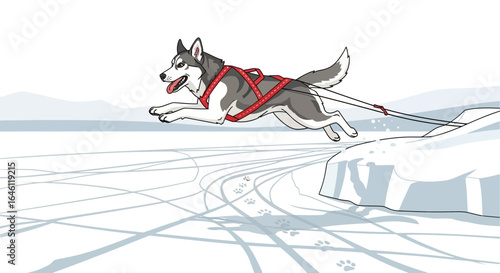 Husky Sled Dog Leaping Over Ice Formation with Energy in Winter Landscape Scene