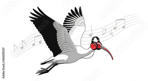 Ibis with headphones flying through the air listening to music on a white background