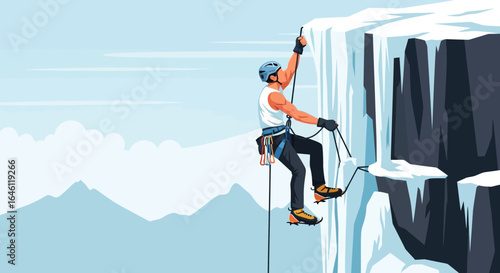 Ice climber ascending a frozen waterfall, emphasizing adventure and resilience, showcasing extreme winter sport and human determination