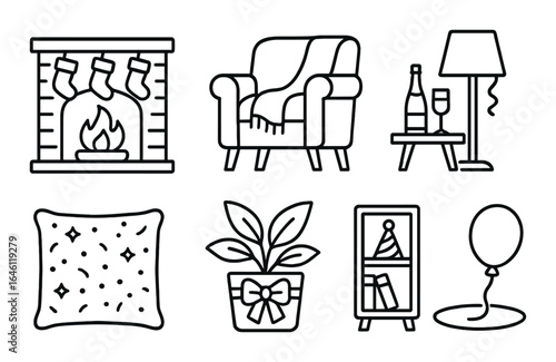 Cozy living room elements: fireplace, armchair, decor, cushion, lamp, houseplant, celebration