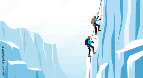 Ice climbing adventure showcasing teamwork and determination in a mountain landscape