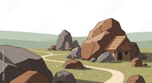 Idyllic cartoon landscape featuring a cozy cabin nestled amongst rocky outcrops creates a sense of tranquility