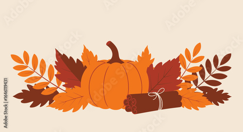 Fall harvest celebration with pumpkin autumn leaves and cinnamon sticks decoration vector illustration minimal design
