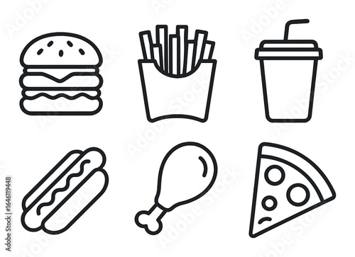 Fast food icons: burger, fries, drink, hot dog, chicken, pizza silhouettes