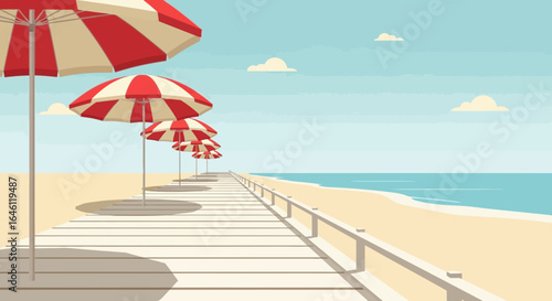Idyllic Seaside Scene With Striped Umbrellas on a Wooden Pier Illustration