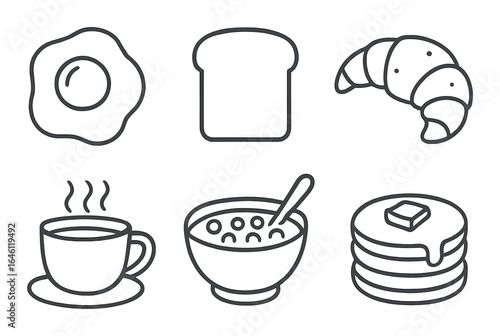 Breakfast icons: egg, bread, croissant, coffee, cereal, pancakes on gradient background