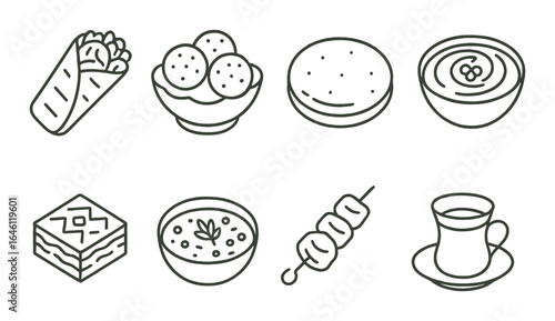 Traditional middle eastern cuisine icons set featuring diverse dishes and beverages
