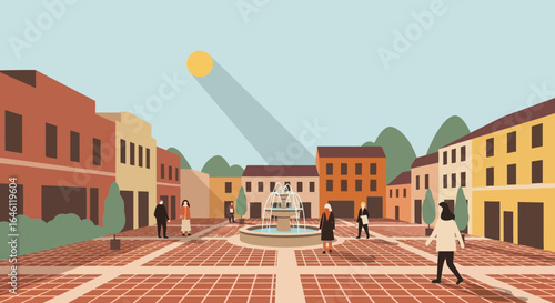 Illustrated cityscape scene featuring a town square with a fountain and people walking around in a sunny day