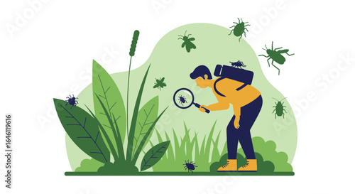 Illustrated entomologist examining insects in nature with magnifying glass and backpack