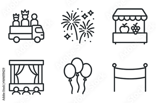 Celebration icons collection featuring fireworks, parade, market stall, theater, balloons, ribbon
