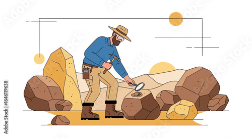 Geologist inspecting rock formations with magnifying glass and hammer during fieldwork