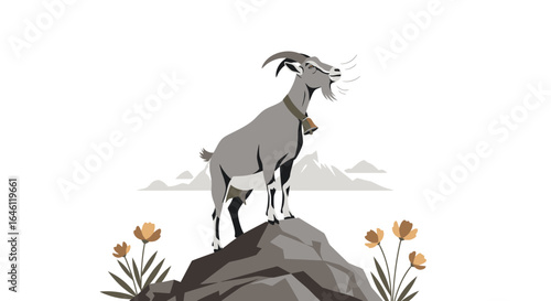 Illustrated goat standing proudly on a rocky peak with distant mountains in the background
