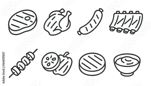 Grilled meat icons: steak, chicken, sausage, ribs, skewer, burger, sauce
