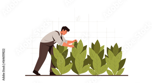 Farmer cultivating crops in a field, tending to plants for growth and harvest, showing agricultural practice and sustainable farming