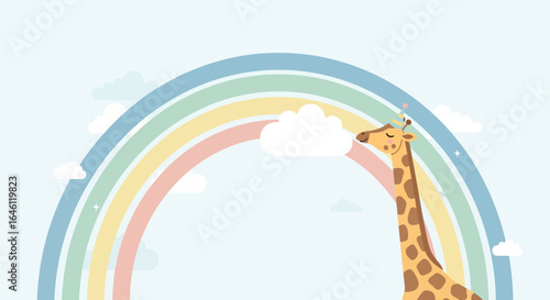 Giraffe Enjoying Pastel Rainbow And Soft Clouds In A Serene Sky