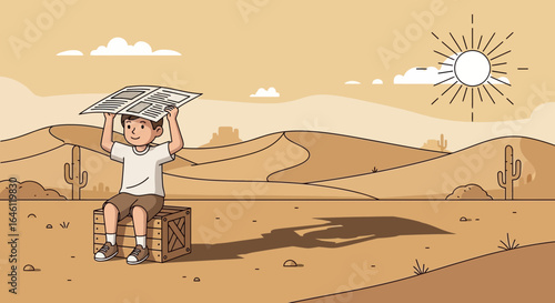Illustration depicting a boy seeking refuge from the scorching sun in desert landscape