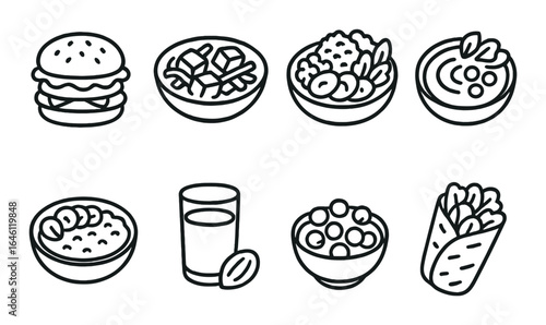 Illustrated icons of various dishes: burger, salad, bowl, soup, dessert, wrap, glass