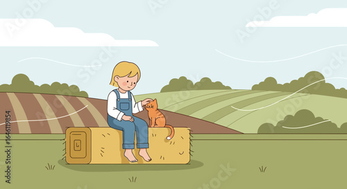Girl and cat in rural landscape sitting on haystack illustration with farm backdrop