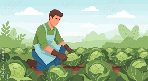 Farmer Harvesting Cabbage From The Field On Sunny Day Vector Illustration