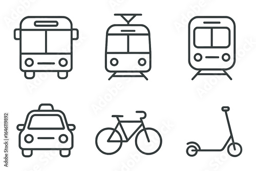 Simple icons of bus, tram, subway, taxi, bicycle, and scooter