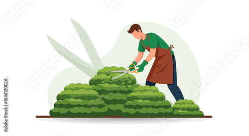 Illustration depicting a gardener trimming a green bush with gardening shears professionally and carefully maintaining the garden
