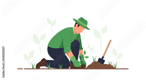 Farmer Plants New Seedling Cultivating Growth And Nurturing Agricultural Ecosystem