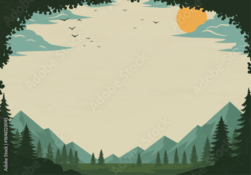 Vintage Style Landscape With Mountains, Trees, Birds, and Clouds Under a Setting Sun
