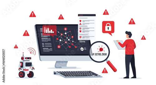 Illustration depicting a man examining a computer screen showing cybersecurity threats and vulnerabilities with robot assistant