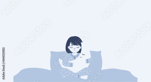 Girl Embracing Pillow Dreamy Sleep in Bed Illustration Concept