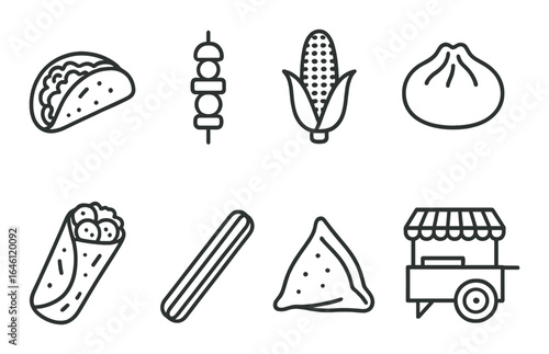 Street food icons: taco, kebab, corn, dumpling, burrito, hot dog, samosa, food cart