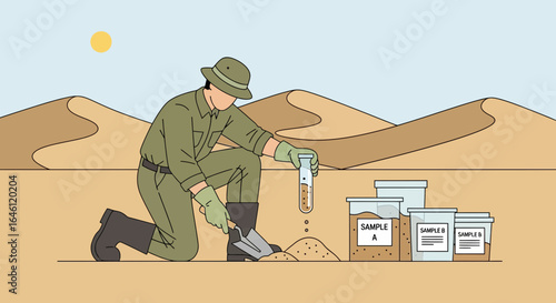 Illustration depicting a scientist taking soil samples in the desert environment for analysis and research purposes
