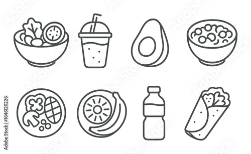 Minimalistic icons of healthy foods and beverages on dark background