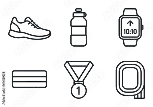 Fitness icons set featuring shoe, water bottle, watch, card, medal, and track