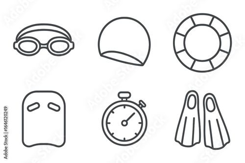Swimming gear icons: goggles, cap, lifebuoy, kickboard, stopwatch, flippers