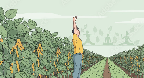 Farmer Stretches in a Tranquil Soybean Field with Yoga Silhouette Background