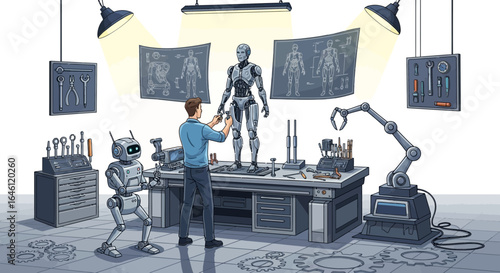 Illustration depicting a scientist assembling a humanoid robot in his laboratory showcasing advanced technology and robotics engineering