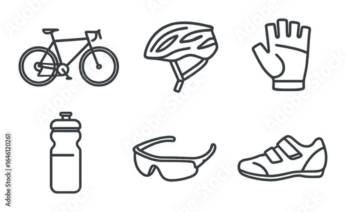 Cycling gear icons: bike, helmet, gloves, bottle, sunglasses, shoe