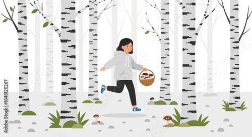 Girl in birch forest illustration with mushrooms basket and gathering season adventure