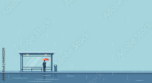 Illustration depicting a solitary figure waiting at a bus stop during heavy rainfall offering a somber and thoughtful mood