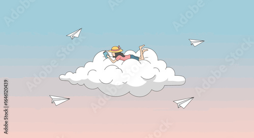 Girl Reading Book on Cloud Enjoying Imagination Among Paper Planes