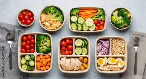 Vibrant Healthy Meal Prep: Diverse Fresh Vegetables, Proteins, Grains in Eco-Friendly Containers