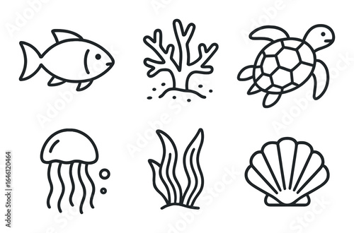 Monochrome marine icons with fish, coral, turtle, jellyfish, seaweed, shell